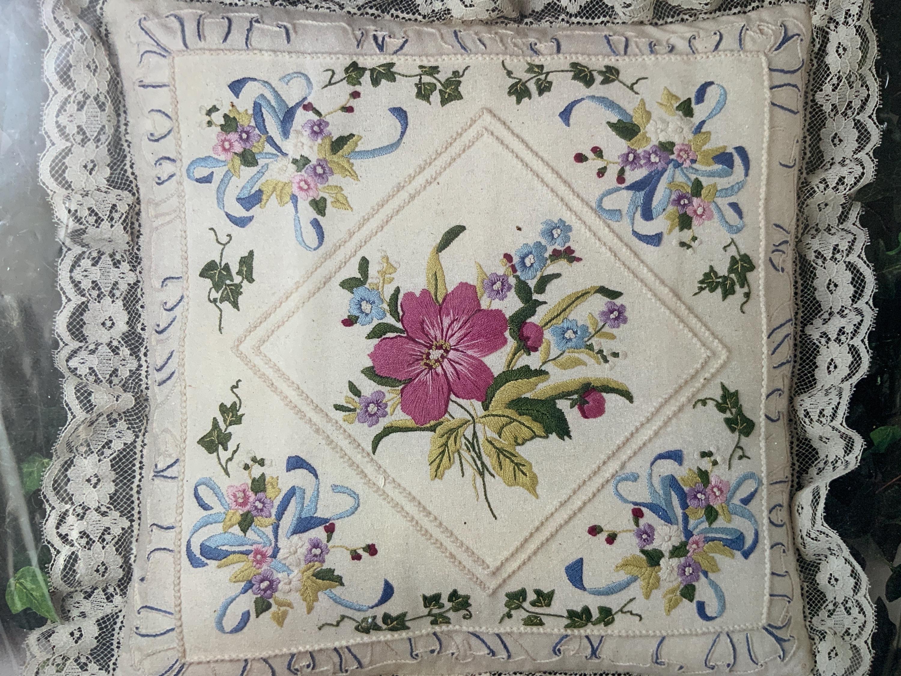 Embroidery and candle wicking cushion cover kit, vintage. “Bouquet pillow”. Size 14” . Note! - no cushion pad or sewing thread.