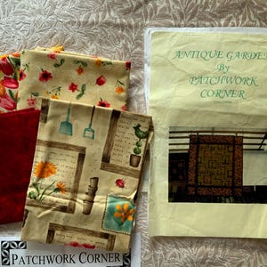 Quilt kit ideal for a beginner. Antique garden uses 4 different fabrics with a large garden panel in the centre.
