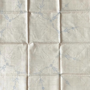 Pode incluir: Um quadrado de tecido bege claro com um delicado padrão de bordado repetitivo em fio azul suave. O design consiste em pequenos motivos florais estilizados conectados por caules finos e ramificados que criam um ritmo visual fluido.