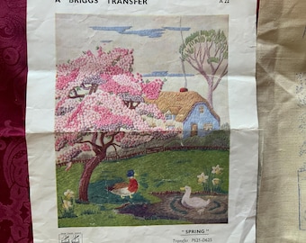 Stamped pictures x 2, to embroider. Vintage, originally from a magazine offer in 1950/60’s. “Spring” (7”x6”),   holiday scene (SOLD)