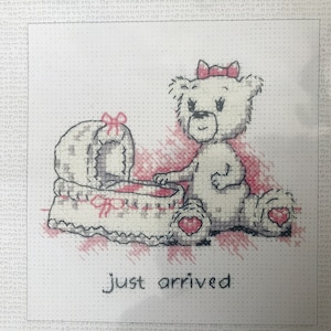 Cross Stitch kit for new baby. (pink thread). 14 count Aida. Heritage crafts ~ Justine ~ Birth Record  4.25 x 3.75”