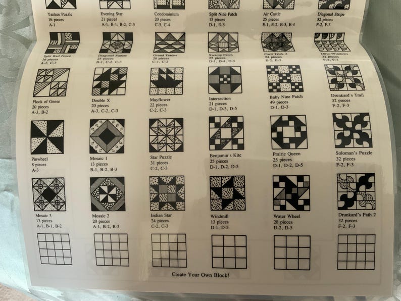 以下が含まれることがあります： 白地に黒の幾何学的なキルトブロックパターンが並ぶリファレンスシート。各正方形には名称、ピース数、座標ラベルが記載されています。最下段には、独自のブロックを作成するための空のグリッドが配置されています。