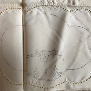 Vintage stamped silk dressing table set for embroidery. Original price tag still attached. Stunningly gorgeous.
