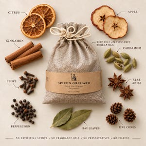 Pode incluir: Um saco de serapilheira reutilizável com o rótulo Spiced Orchard Stove Top Simmer Potpourri, 198g, rodeado por fatias de citrinos e maçã secas, paus de canela, cardamomo, cravos, anis estrelado, pimenta, folhas de louro e pinhas.