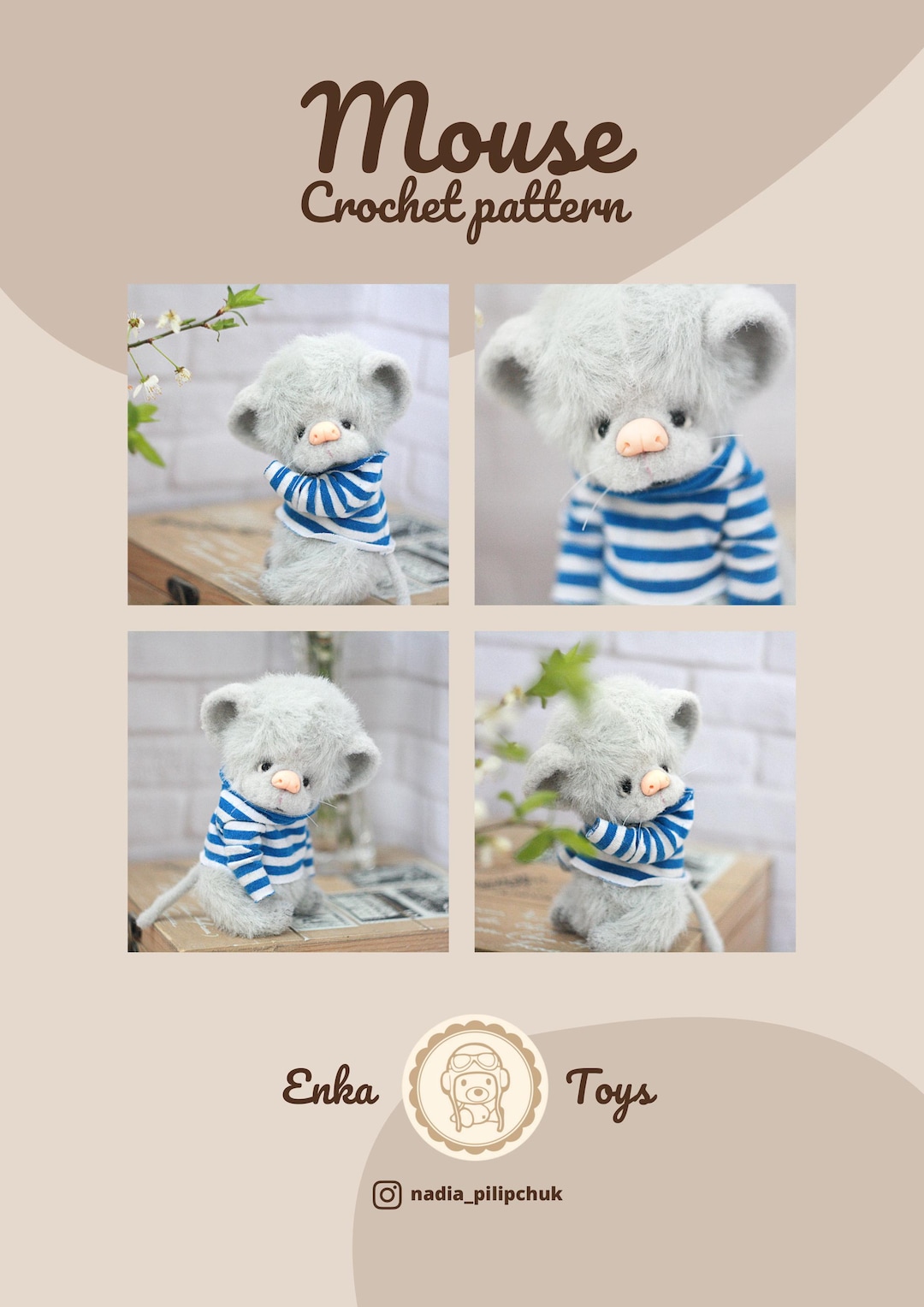DIY Mouse Plush Sewing Pattern – Cute Gray Mouse in Striped Shirt, PDF ...