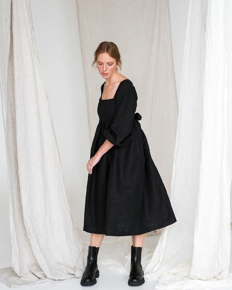 Black linen dress,Open back linen dress,Linen dresses for women,Boho Linen dress,Loose linen dress,Plus size linen dress,Linen sun dress