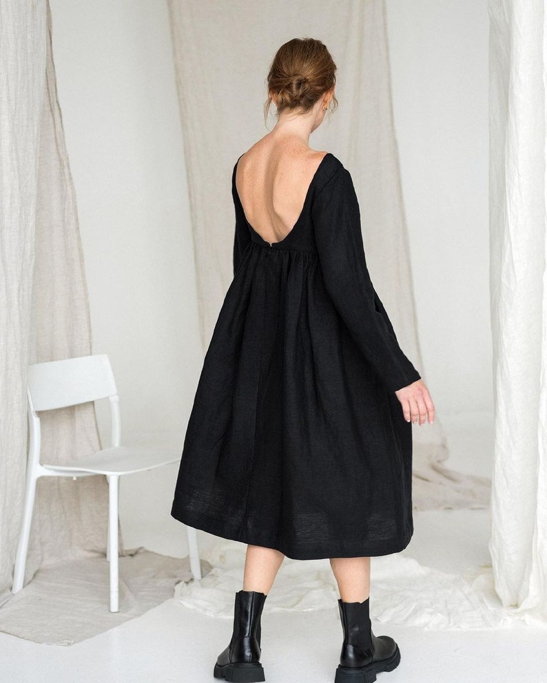 Black linen dress,Open back linen dress,Linen dresses for women,Boho Linen dress,Loose linen dress,Plus size linen dress,Linen sun dress
