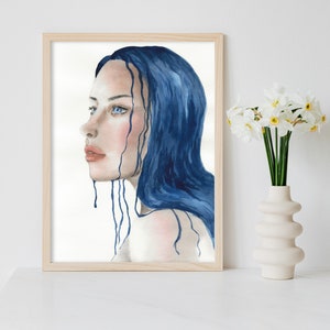 DIGITAL ART PRINT Original Watercolor, Woman Portrait, Home Decor Illustration, Woman Fantasy Painting, Abstract Blue Hair, Dark Style Art