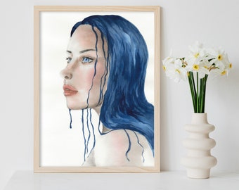 DIGITAL ART PRINT Original Watercolor, Woman Portrait, Home Decor Illustration, Woman Fantasy Painting, Abstract Blue Hair, Dark Style Art