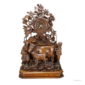 Antique Mantel Clock with Herdsman Family, Goats and Cattle