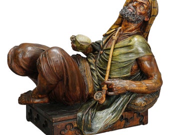 Wooden Carved Sculpture Arab with Coffee and Pipe, Vienna ca. 1900