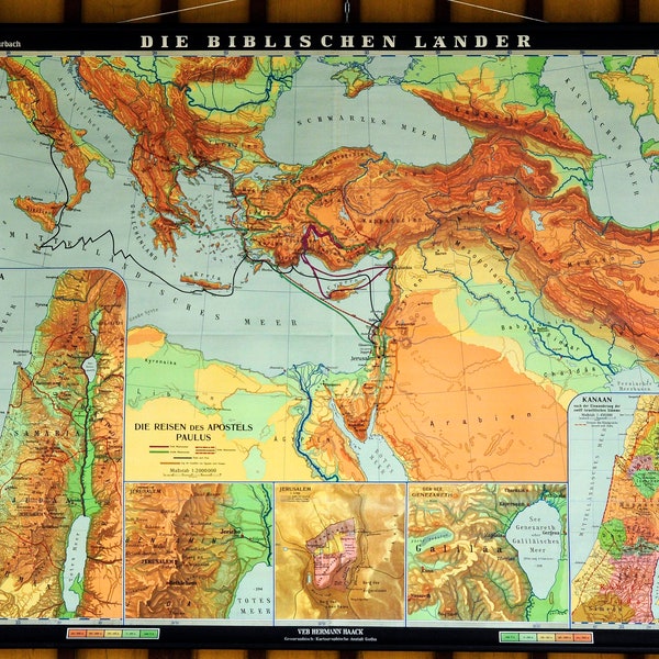 Religious Vintage Map Poster Print Pull-Down Wall Chart Bible Lands Countries