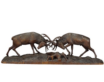 Outstanding Wooden Carved Fighting Stags by K. Bach 1946