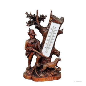 Finely Carved Wood Thermometer Stand Hunter and Staghound 1910
