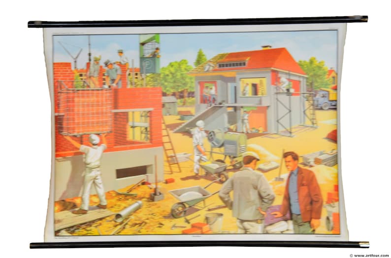 vintage rollable poster kids wall chart on the building construction side worker