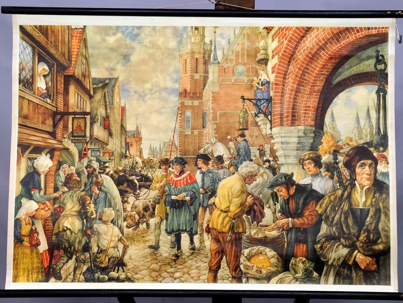 vintage pull-down wall chart medieval market scenery with merchants
