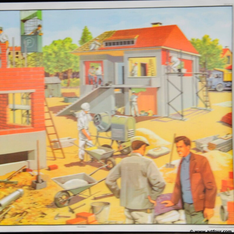 vintage rollable poster kids wall chart on the building construction side worker