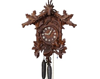 Antique Black Forest Carved Cuckoo Clock with Stag Head on Top