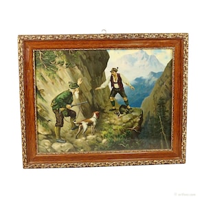 Antique Oil Print with Dramatic Poacher Scene after Josef Ringeisen