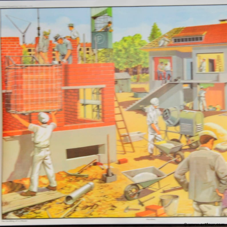 vintage rollable poster kids wall chart on the building construction side worker