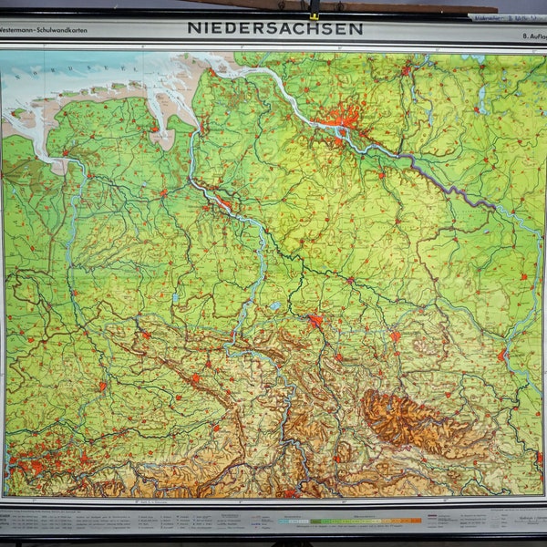 Vintage German Mural Map Lower Saxony Rollable Wall Chart
