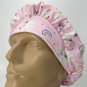 Rainbow Unicorn Nursing Cap Surgical Scrub Hat for Long Hair Ponytail, Gift for Surgeon, Nurse, Doctor, Veterinarian, Chef, Pink with Stars