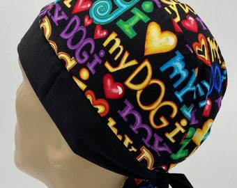 Bandana Head Wrap Cap, I Love My Dog with Hearts, Black Dorag Dew Rag Cycling Doo Hat, Animal Lover, Rainbow Colors