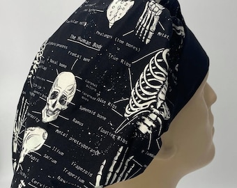 Scrub Hat Anatomy Black and White Medical Cap, Gift Doctor Nurse Chiropractor Ortho Surgeon Xray Veterinarian Skeleton Skull Bone Men Women