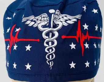 Scrub Hat Nursing Cap Gift for Doctor, EKG Cardiologist Surgeon Nurse OR ER Xray Tech Veterinarian, Blue with Caduceus