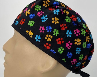 Rainbow Dog Paws Scrub Hat: Nurse, Vet, Doctor Cotton Cap Animal Lover