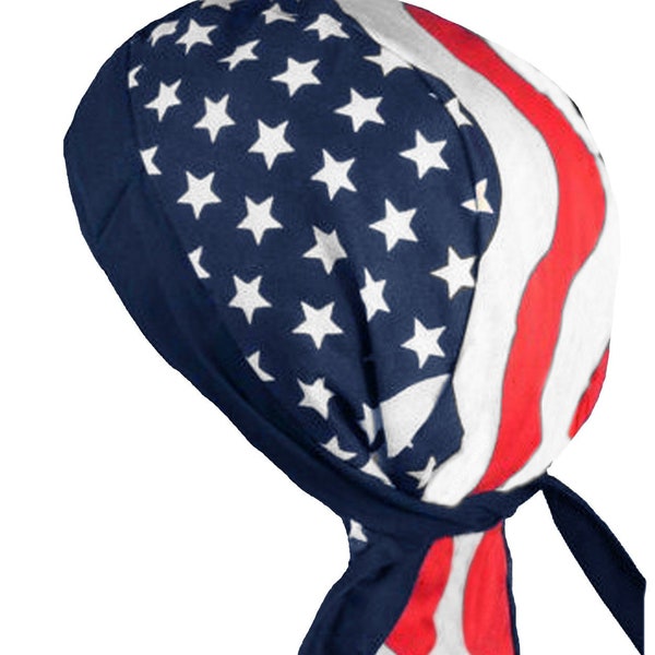 American Flag Bandana Headscarf Cap Patriotic Stars Stripes Red White Blue Cotton Doo Rag with SWEATBAND, Dew Hat Dorag Headwrap Men Women