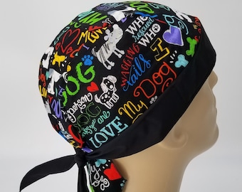 Bandana Head Wrap Cap, I Love My Dog with Hearts and Paws, Black Dorag Dew Rag Cycling Doo Hat, Animal Lover, Rainbow Colors