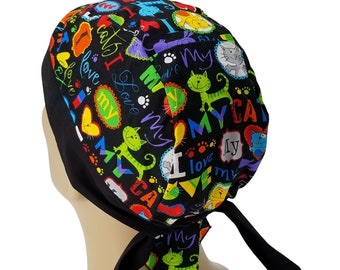 Bandana Dorag Cap Cotton, Black I Love My Cat, Doo Rag Chemo Head Scarf for Women