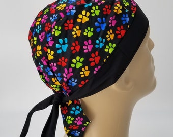 Bandana Head Wrap Cap, Paw Print, Black Dorag Dew Rag Cycling Doo Hat, Animal Lover, Rainbow Colors, Cat Dog