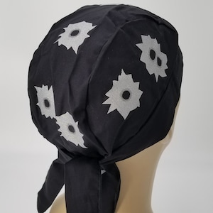 Black and Silver Do Rag Bandana Hair Wrap with Metallic Silver Bullet Holes with SWEATBAND, Motorcycle Skull Cap, Mens Head Scarf