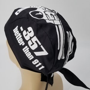 Black and White Do Rag Bandana Hair Wrap, .357 Better Than 911, with SWEATBAND, Motorcycle Skull Cap, Mens Head Scarf