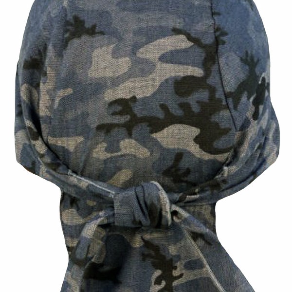 Blue Camo Bandana Skull Cap, Camouflage Doo Rag w/ SWEATBAND Cotton Dorag Dew Head Wrap for Men Women