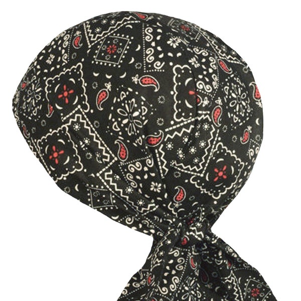 Black Red White Bandana Cap Paisley Do rag Head Wrap SWEATBAND Deluxe Motorcycle Bikers Skull Hat Cotton Durag Medium to XL Large Men Women