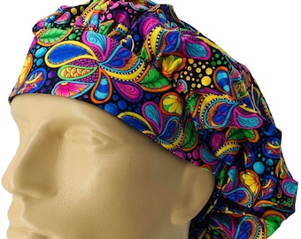 Flower Power Bouffant Scrub Hat: 60s Retro Paisley, Long Hair