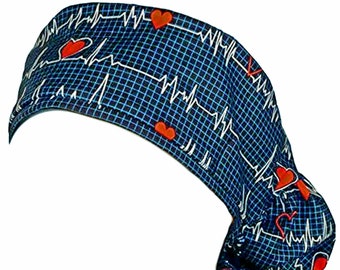 Nursing Cap Bouffant Scrub Hat for Long Hair Ponytail, Blue EKG Heart Beat, Gift for Surgeon, Nurse, Doctor, Veterinarian, Chef Headwear