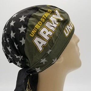 Army Bandana Head Wrap with SWEATBAND Motorcycle Skull Cap Doo Rag Hat Black Cotton Military Dorag for Men or Women