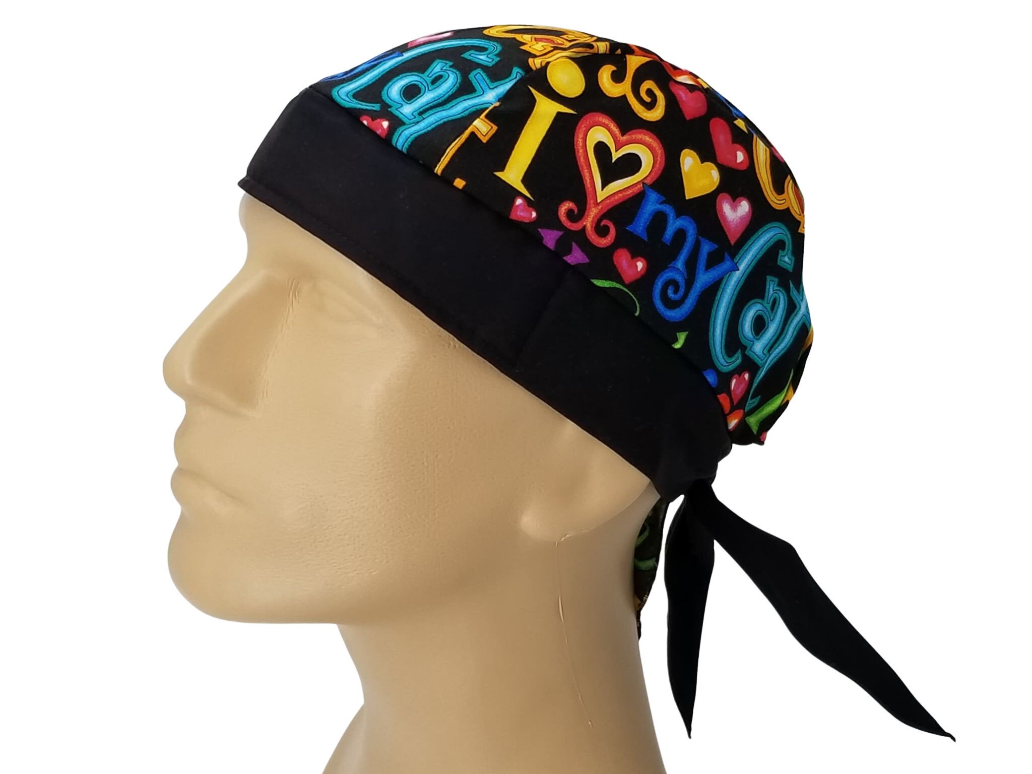 Bandana Dorag Cap Cotton Black I Love My Cat With Hearts Doo Etsy
