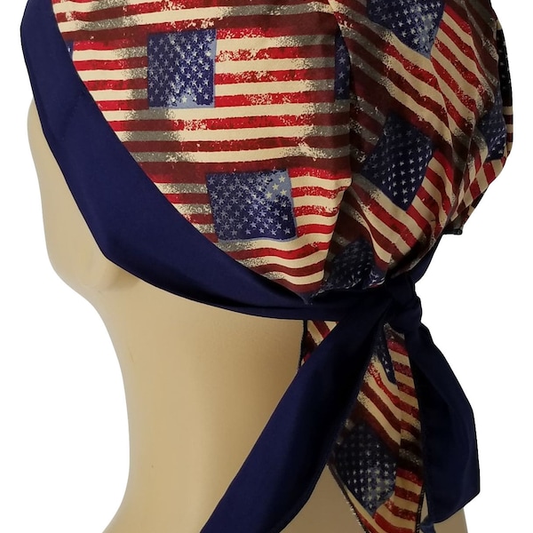 American Flag Bandana Dorag, Patriotic Doo Rag with Sweatband, Stars and Stripes Headwrap Cotton Durag, Cycling Cap