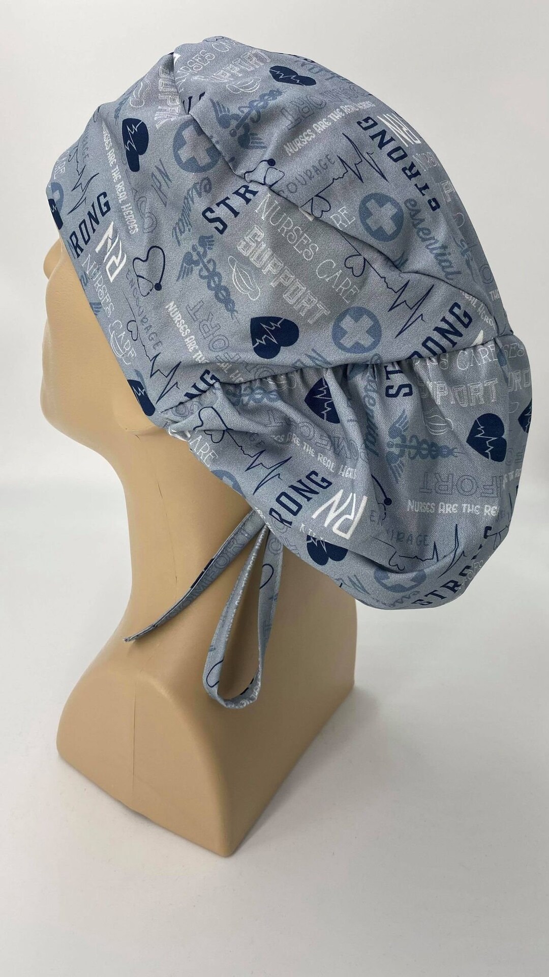 Nursing Cap Bouffant Gray Blue Scrub Hat, Long Hair Ponytail, Gift for CNA, LPN, RN Nurses