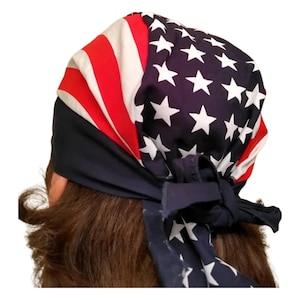 American Flag Bandana Dorag Cap w Sweatband Red White Blue Biker Durag Hat Stars Stripes Motorcycle Helmet Liner Cotton Headwrap Men Women