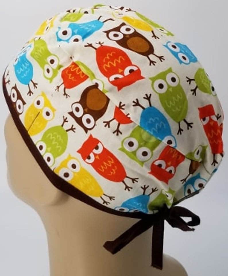 Owl Print Surgeon Scrub Hat, Nurse Doctor Cap, Handmade Cotton