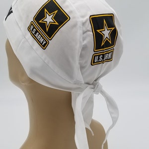 Army Bandana Head Wrap with SWEATBAND Motorcycle Skull Cap Doo Rag Hat White Black Gold Cotton Military Dorag for Men or Women