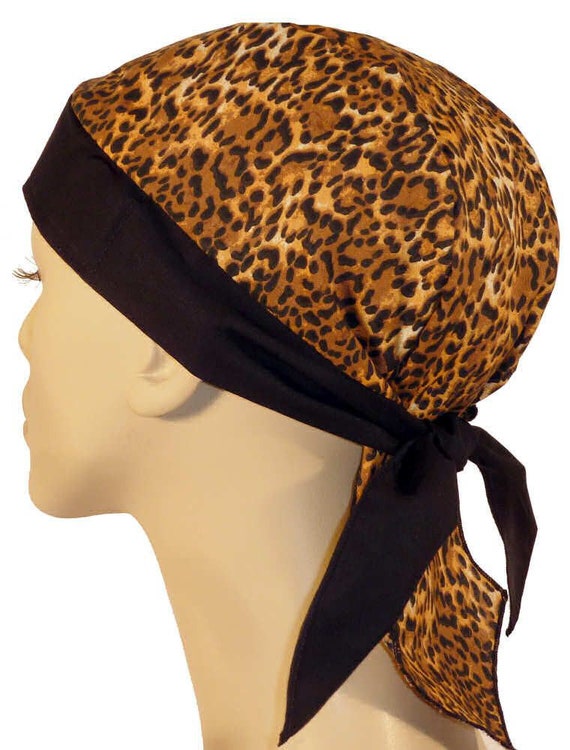 Leopard and Black Animal Print Bandana Dorag with SWEATBAND, DELUXE  Motorcycle Skull Cap Womens Chemo Cycling Durag Dew Hat