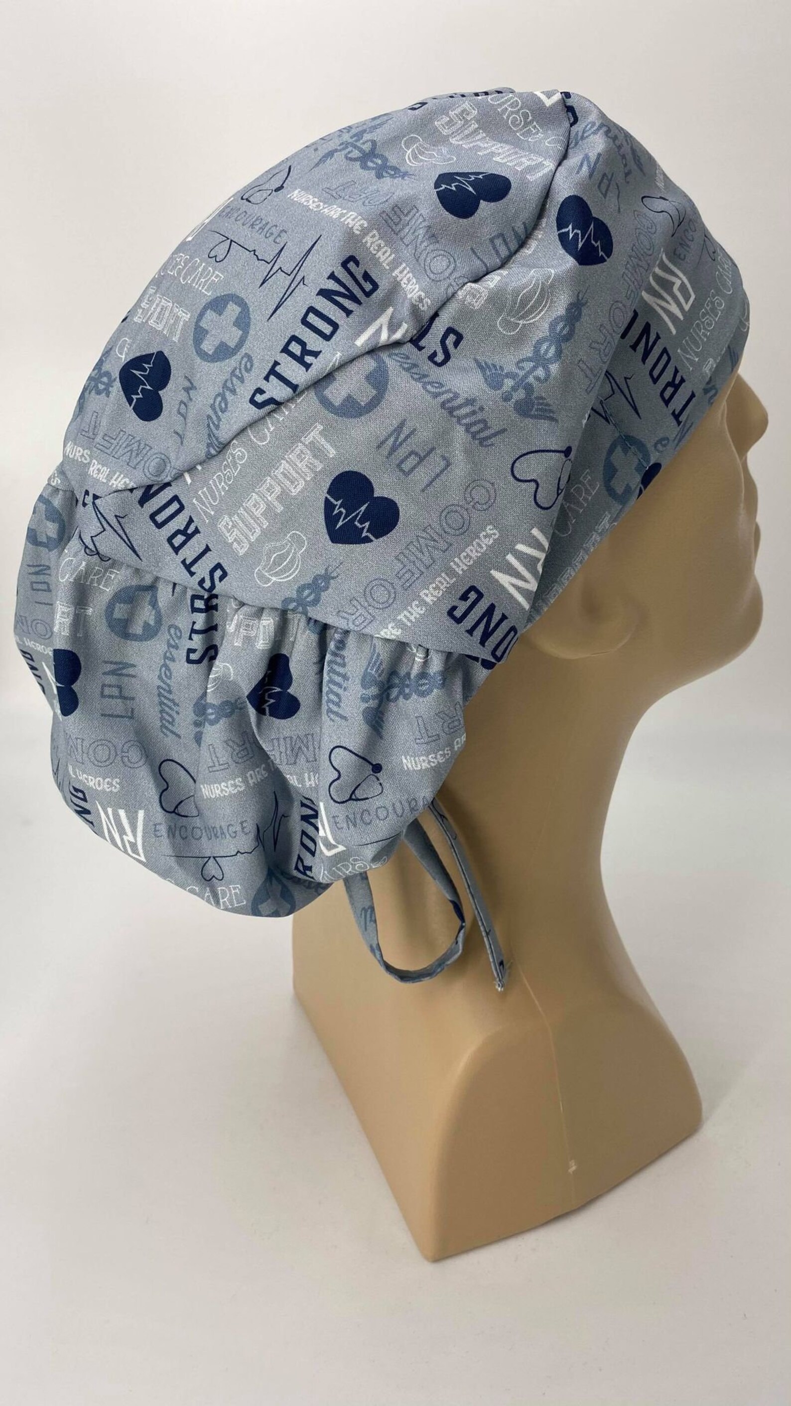 Nursing Cap Bouffant Gray Blue Scrub Hat Long Hair Ponytail Etsy