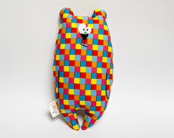 Doudou ours "Jean-Jacques" personnalisable, Tissu à carreaux multicolores, Cadeau de naissance, Peluche prénom